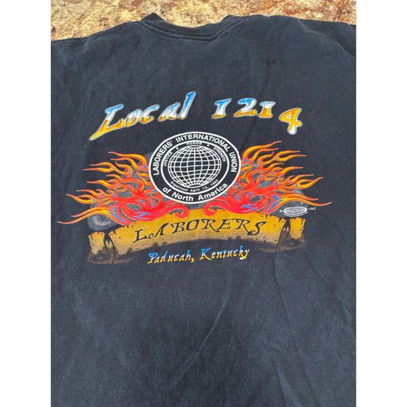 Vintage 90s Local 1214 Laborers Union Flame Graphic Pocket T-Shirt - Picture 2 of 5